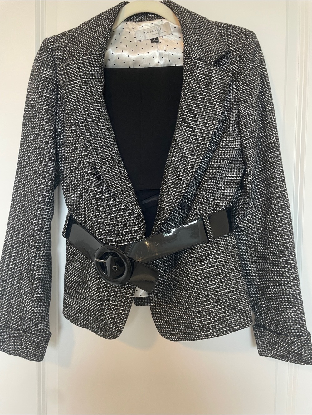 Tahari Black and White Textured Blazer with Glossy Patent Belt and skirt